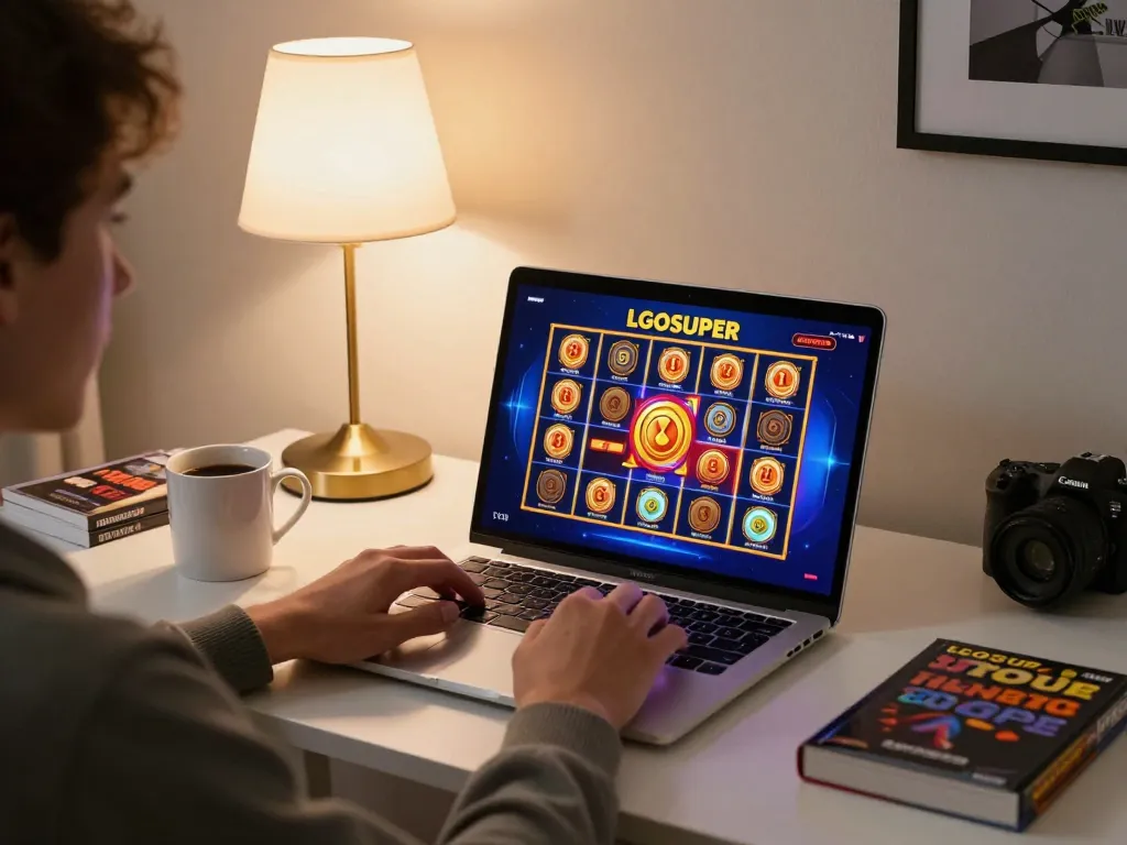 Player enjoying LGOSUPER slot games on laptop in a cozy home setting