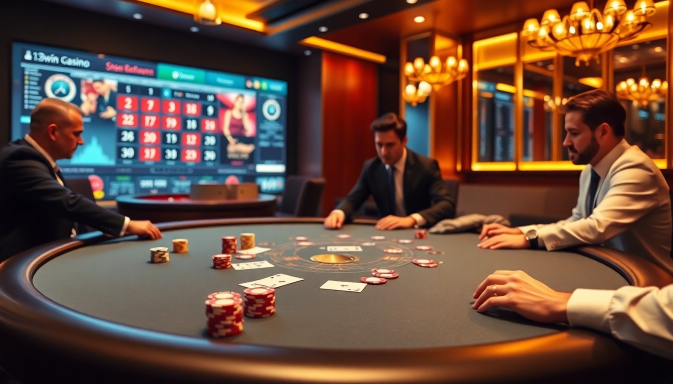 13win players engaging in a thrilling poker game at a luxury casino table with colorful chips.