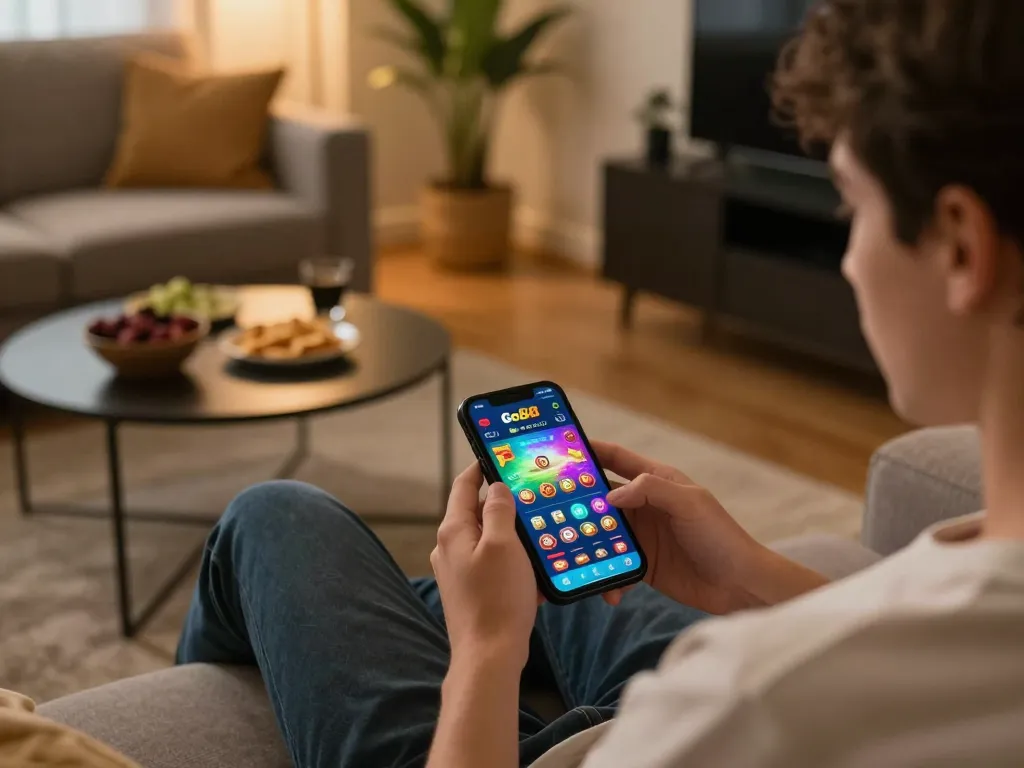 Player enjoying Go88 mobile app for casino games in a cozy home setting