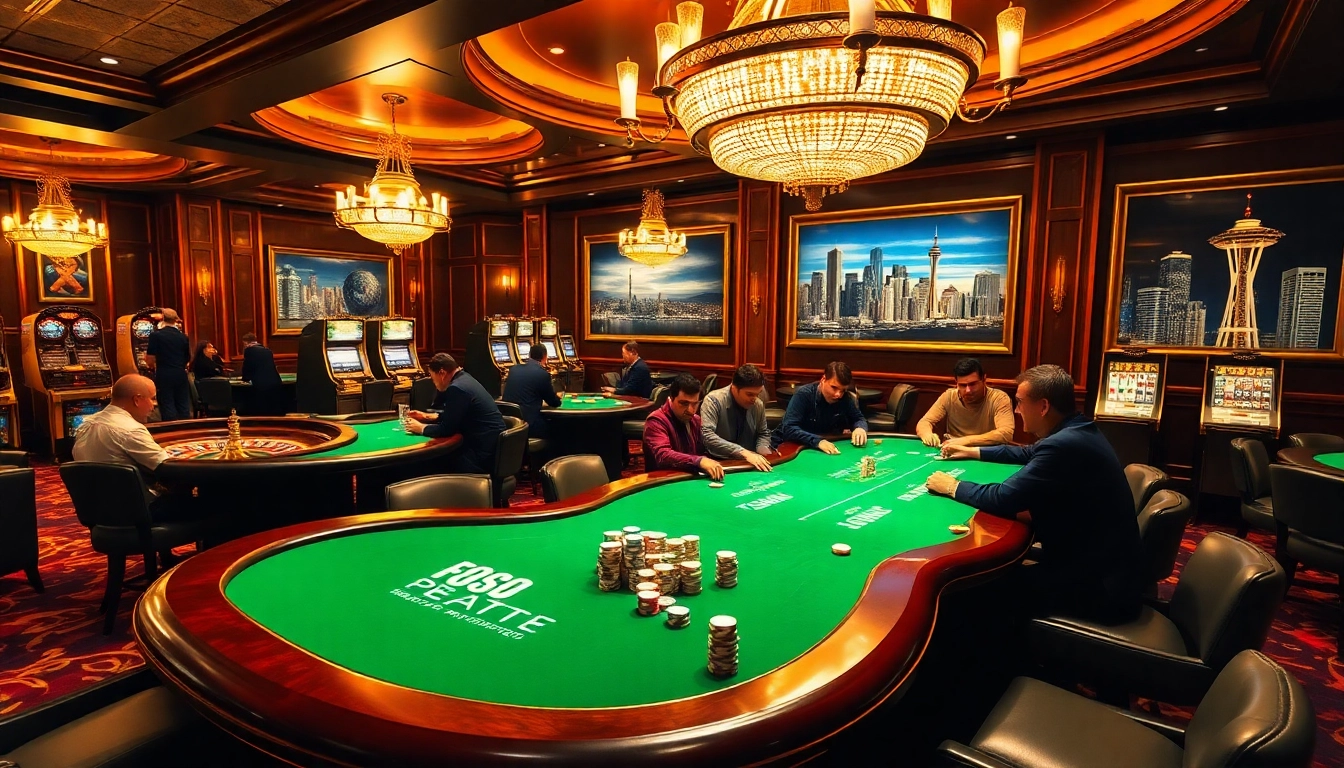 SODO casino scene featuring poker tables and roulette wheel, capturing excitement of gambling.