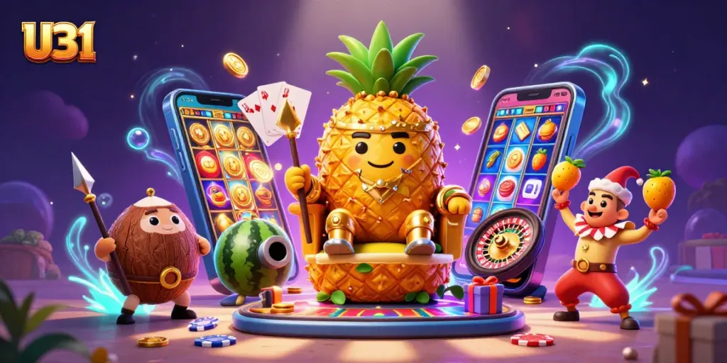Join U31's golden pineapple king in a vibrant casino scene, enjoying exciting slots and games.