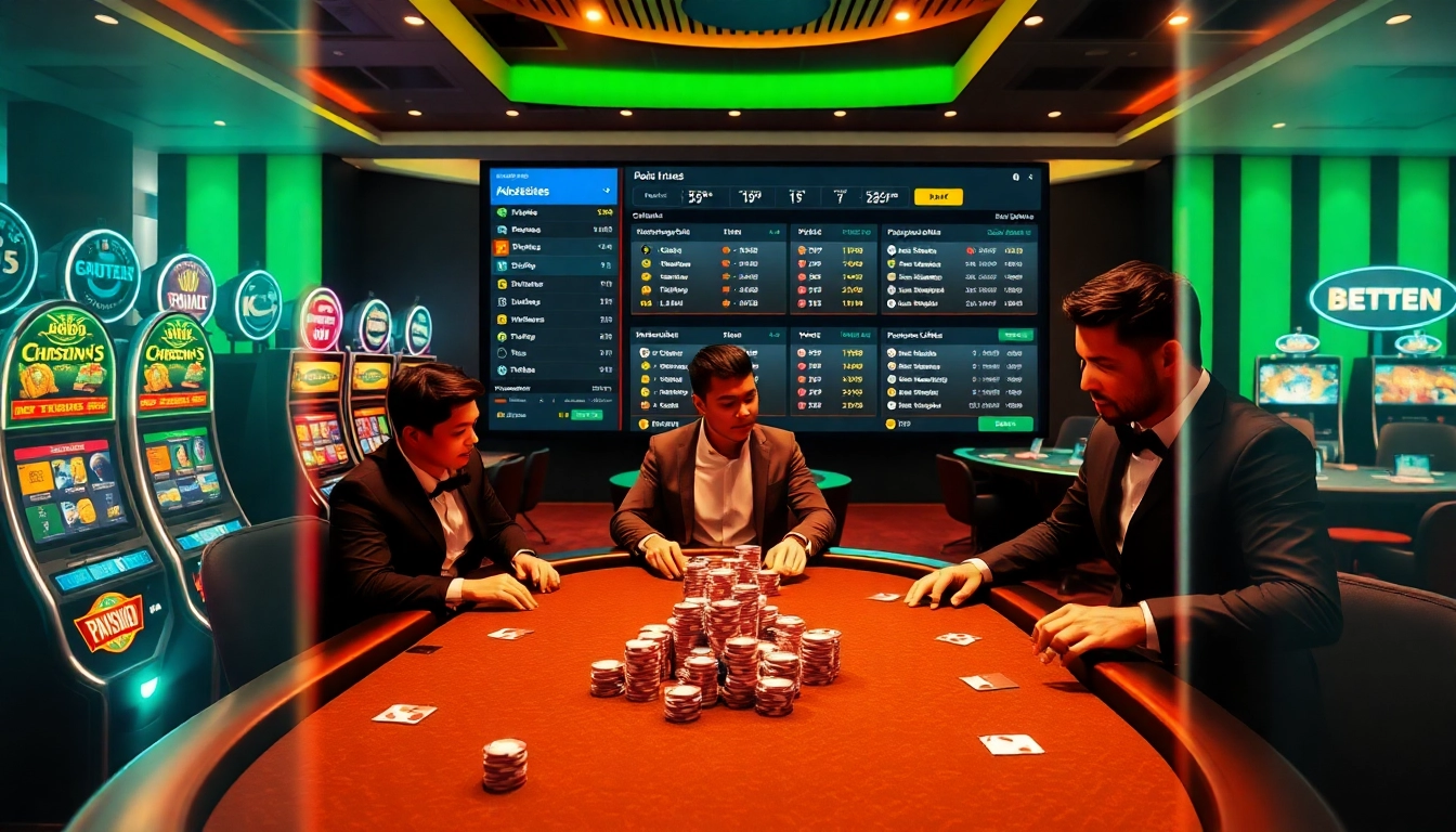 Understanding แทงบอลยังไง with players at a vibrant poker table and digital betting interface.