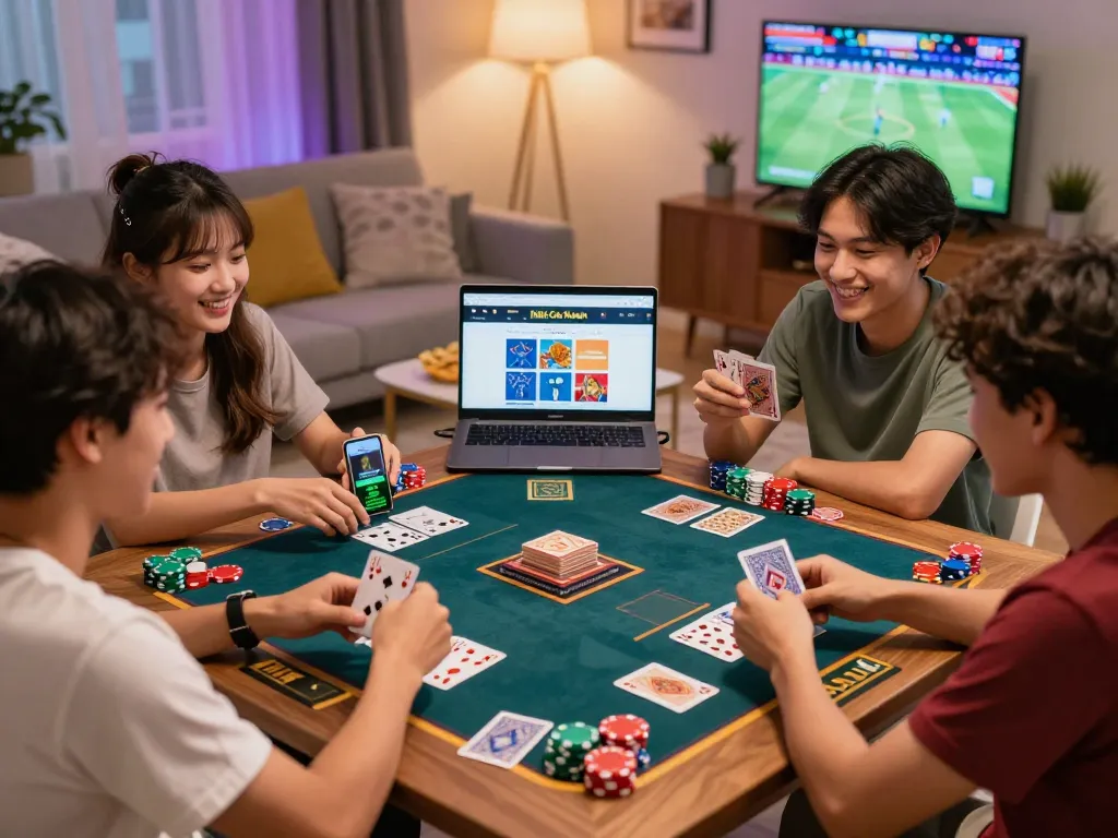 Friends enjoying a card game at home while exploring Nhà Cái Kuwin for online betting.