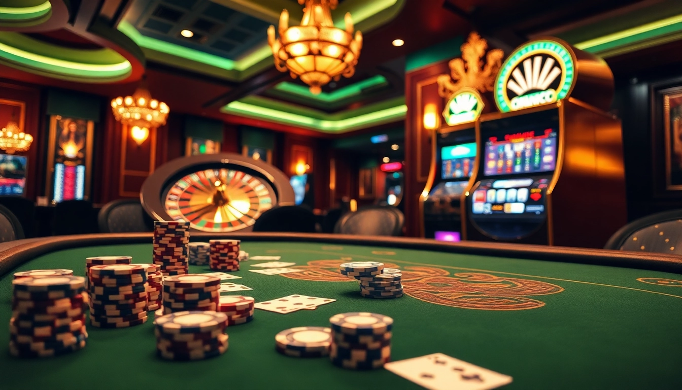 Engaging scene of a luxurious casino with Okking-themed poker chips and vibrant roulette wheel.