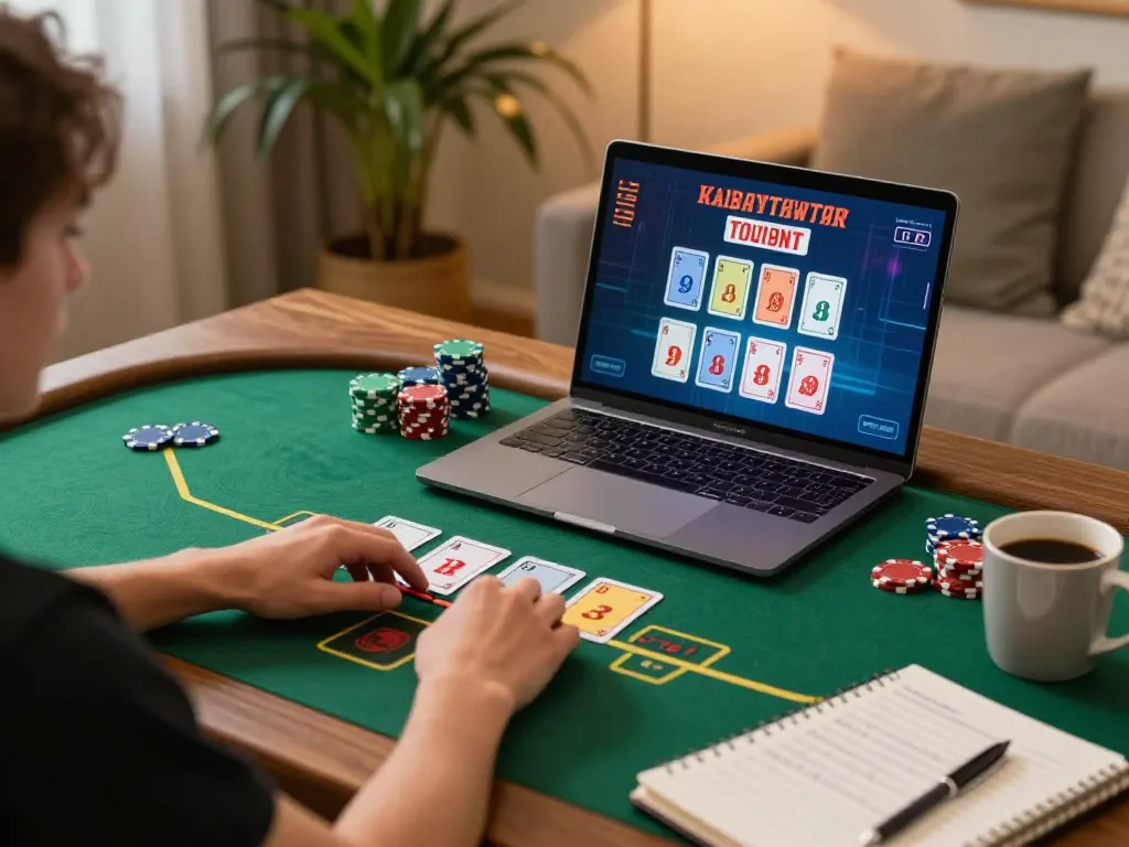 SC88 player engaged in online blackjack, showcasing strategic betting at home with cozy atmosphere