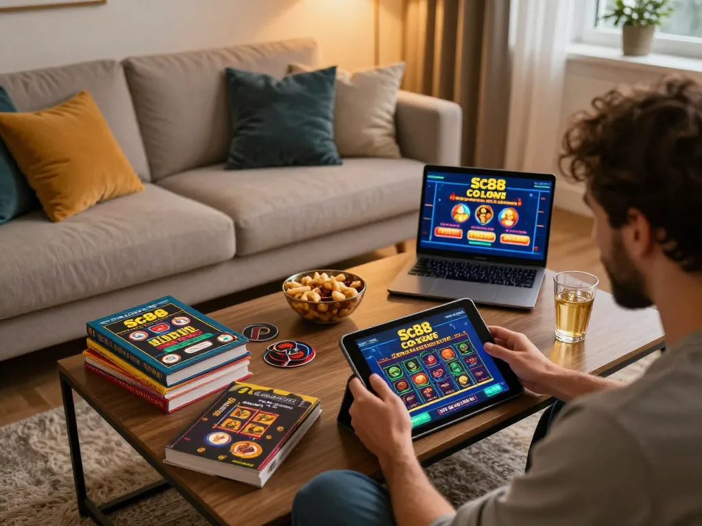 Engaging with sc88 COM casino app on a tablet in a cozy living room setting.