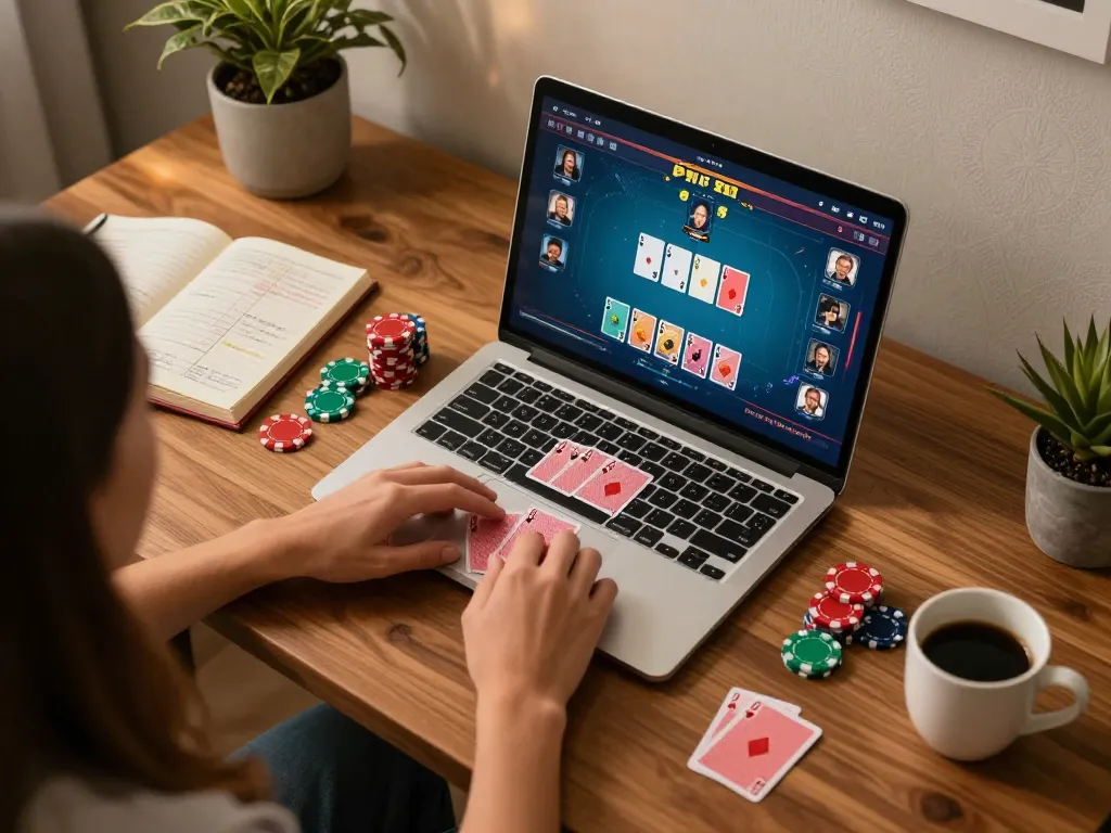 Hubet players engaging in online poker strategy at home, showcasing gameplay and focus.