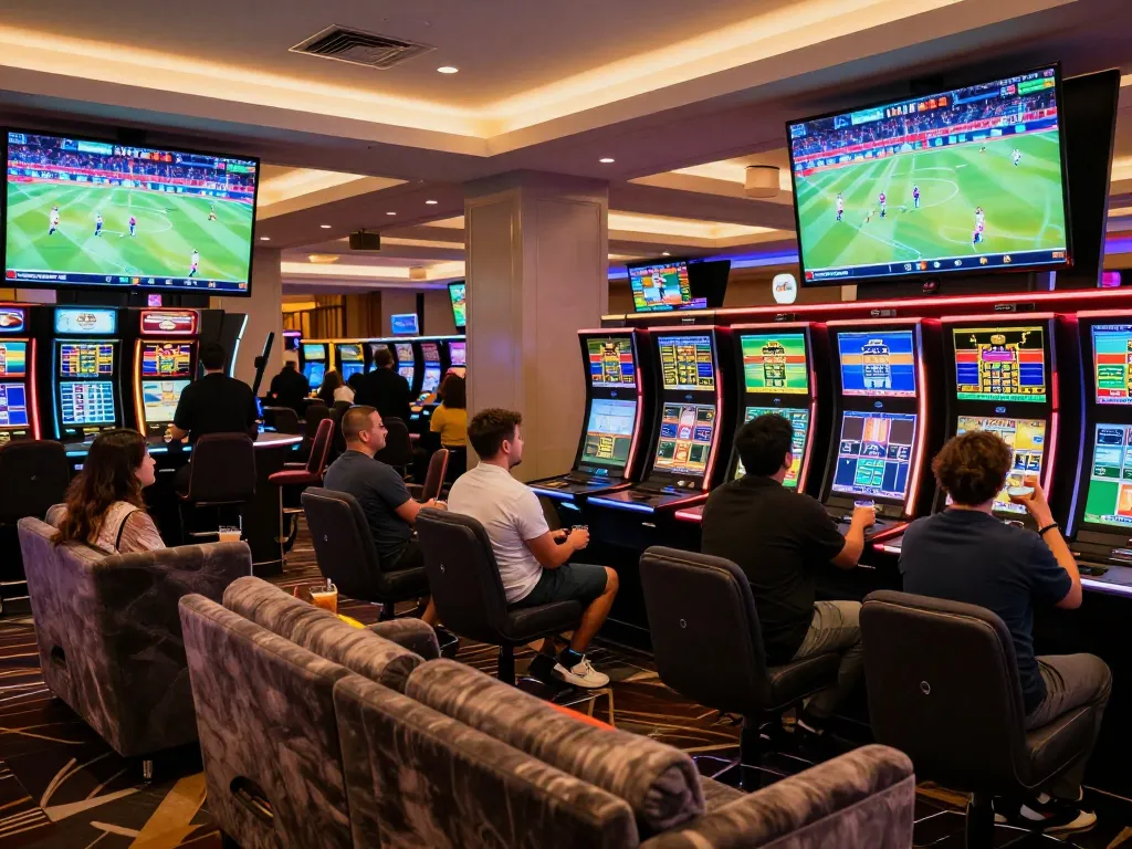 Sports enthusiasts placing bets in a lively casino sports lounge, enjoying the tx88f experience
