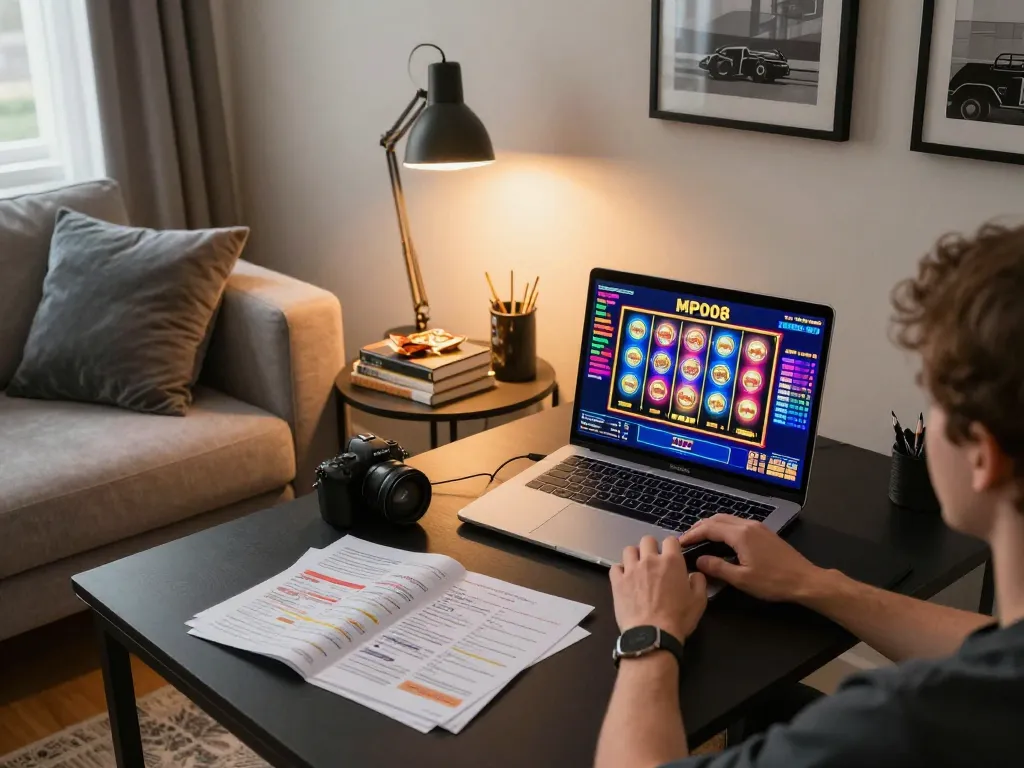 MPO08 gaming setup with a player engaged in online slot gameplay in a cozy home setting