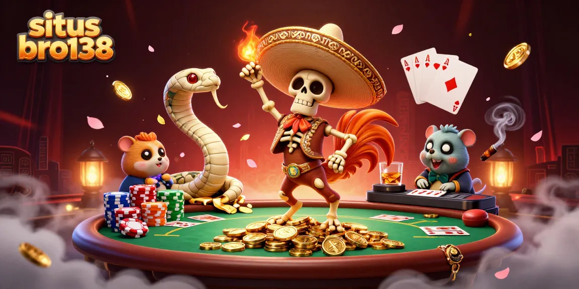 Gambar situs bro138 menampilkan permainan kasino dengan karakter kartun 3D dan elemen kasino yang menarik.
