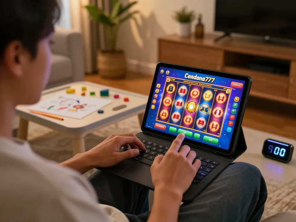 Cendana777 user enjoying an exciting online slot game on a tablet in a cozy home environment