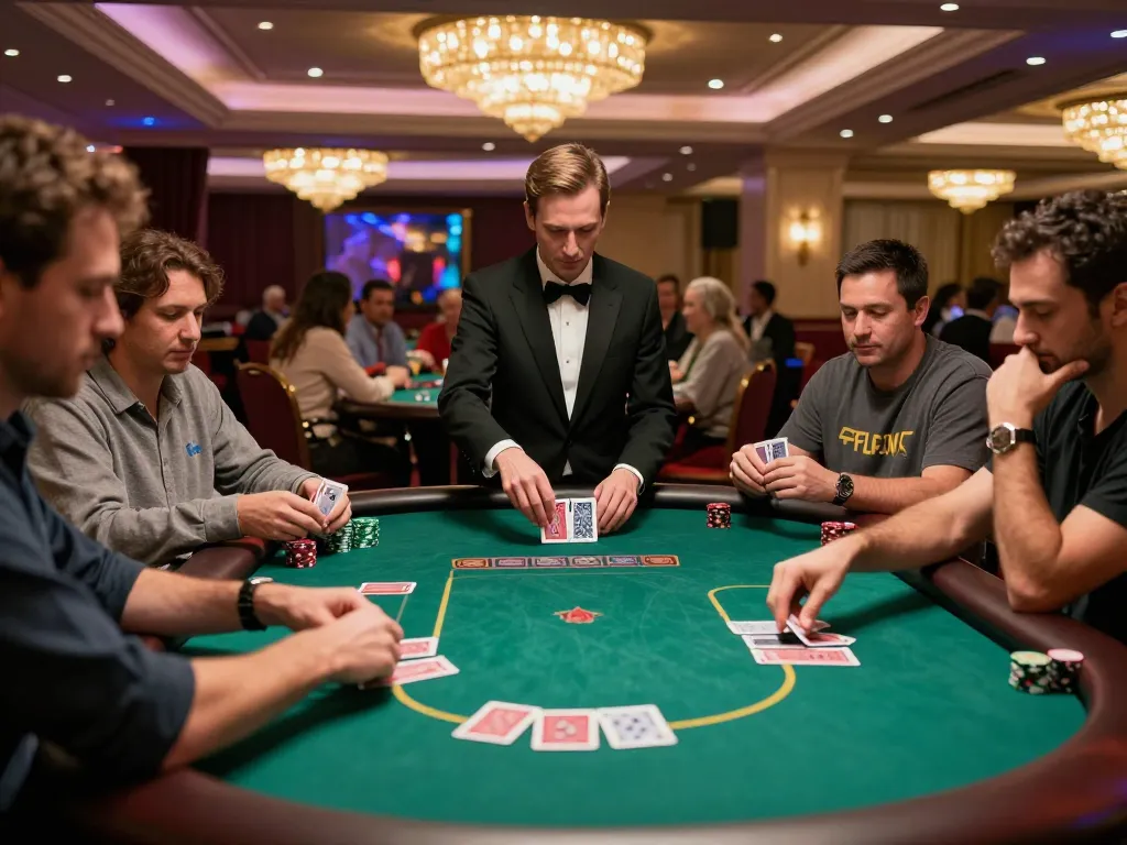 Engaged players at pfly88 poker table strategizing their bets in an upscale casino.
