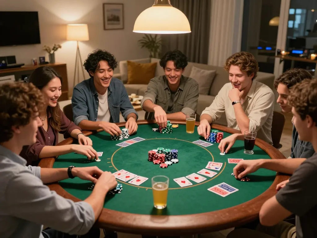 Friends enjoying a poker night at home, showcasing cm88's engaging gaming experience with vibrant atmosphere.