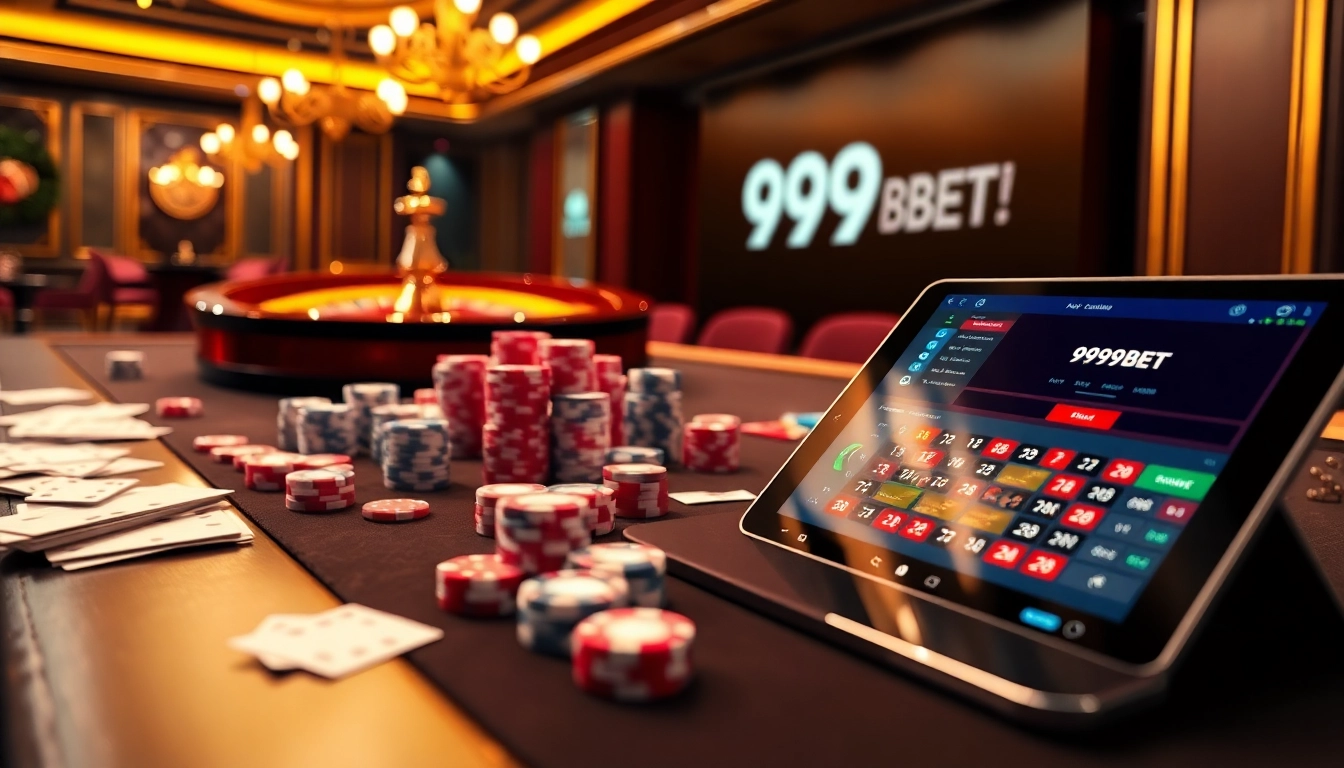 Experience thrilling gaming at 999BET with a vibrant table of cards, chips, and excitement.