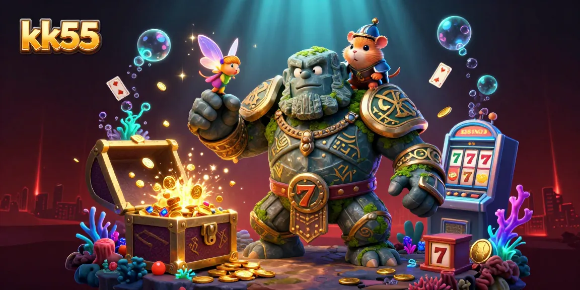 Engage your luck with kk55 in this vibrant 3D casino-themed scene filled with treasure and magic.