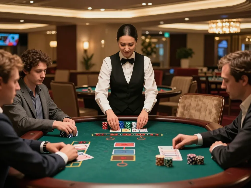 Engaging blackjack gameplay at kp88 casino with professional dealer and focused players.