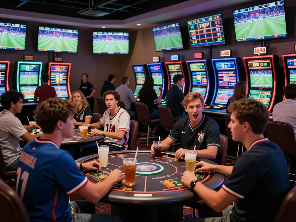 Excited sports bettors engaging with to288 odds at a lively casino venue, surrounded by screens and fans.
