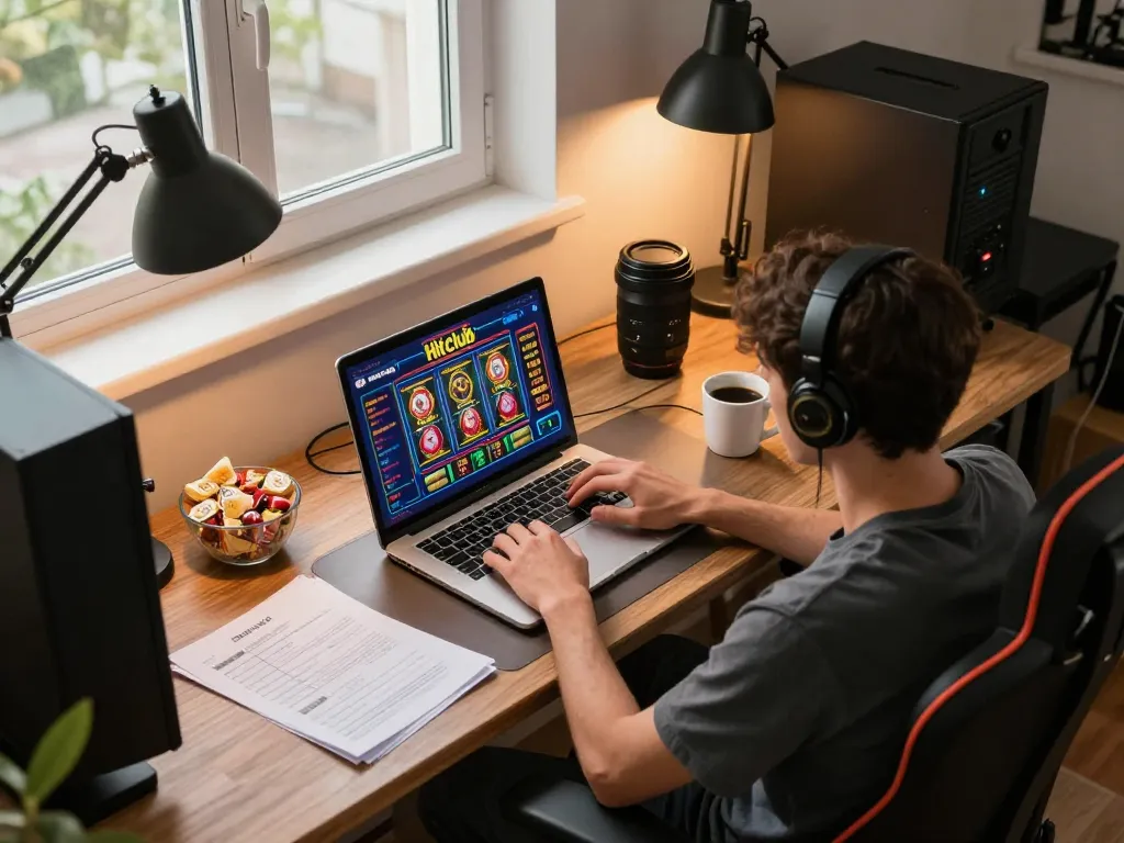 Hitclub gaming setup shows a person focused on online gambling with strategy notes and a stylish laptop.