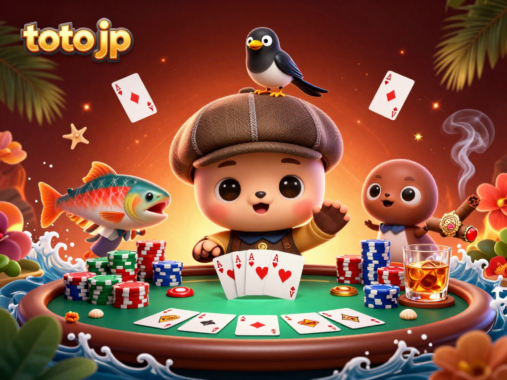 Engage with the lively casino scene featuring a cute cartoon Nessie amidst poker chips, emphasizing toto jp.