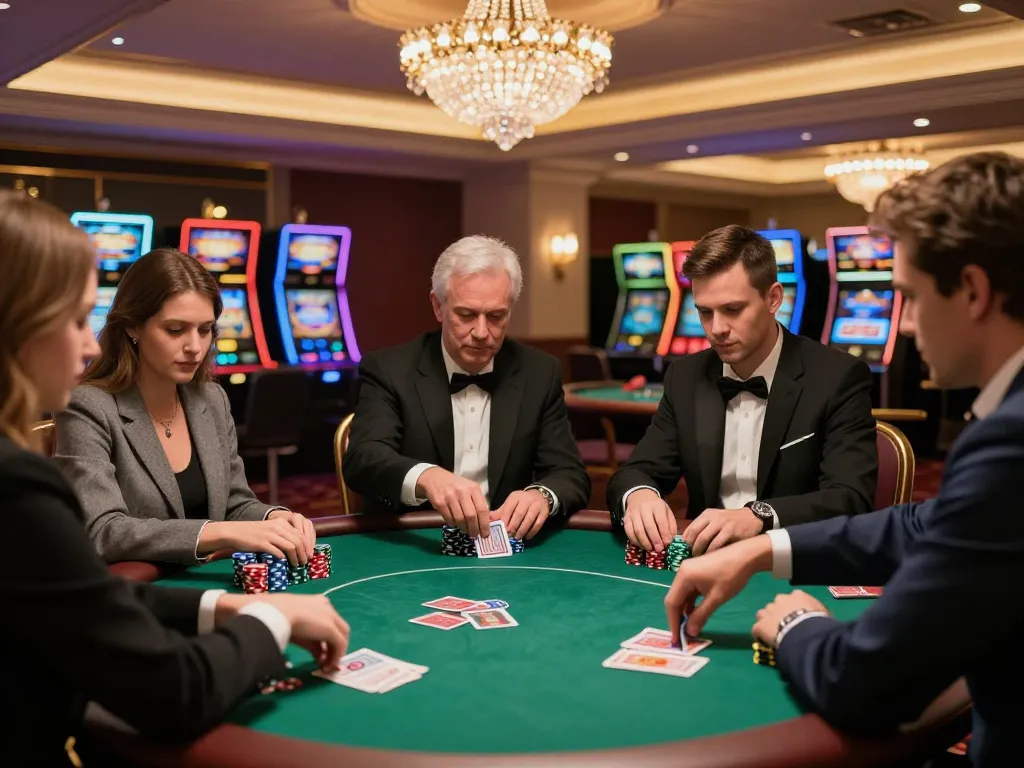 Players engaging in a poker game at a casino, highlighting Top 10 nhà cái uy tín in an exciting atmosphere.
