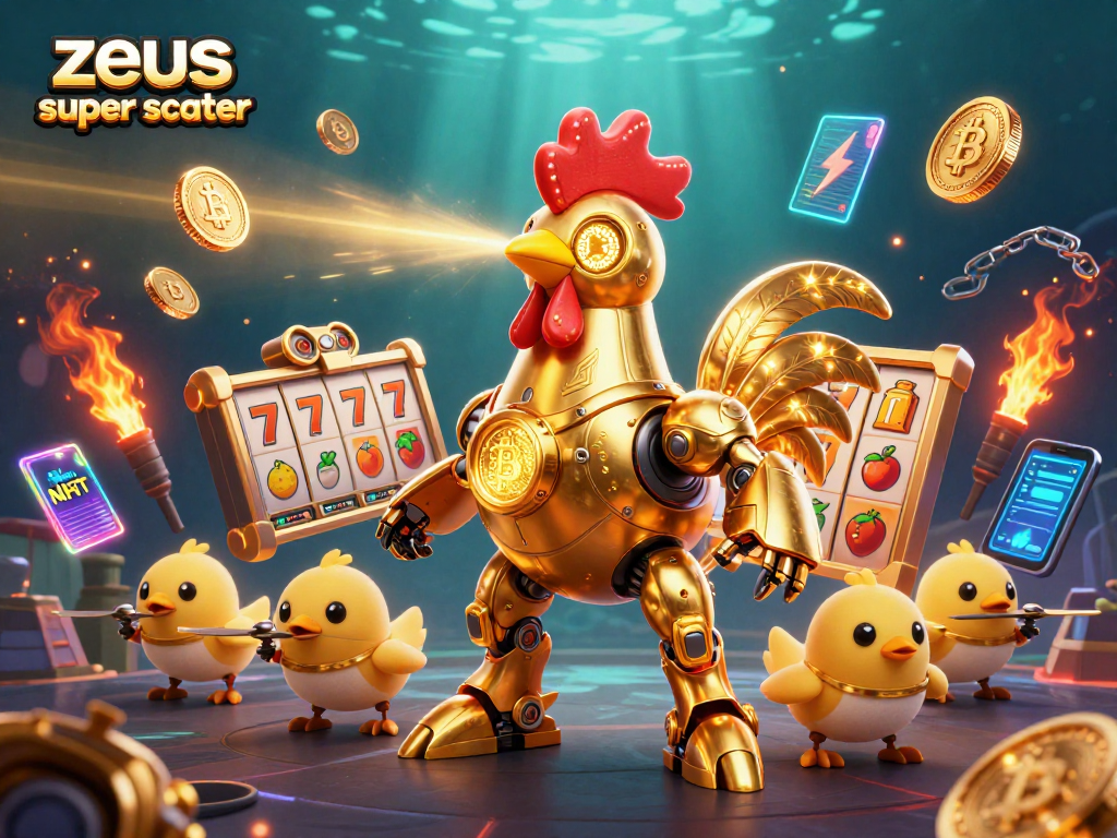 Experience zeus super scatter with a dynamic 3D illustration of a futuristic golden rooster robot and baby chick drones among exciting slot game elements.