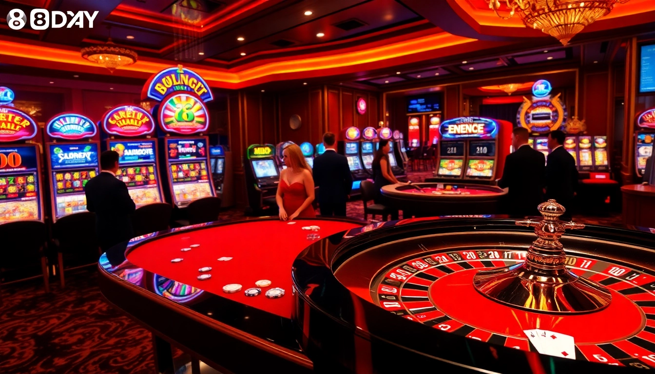 Experience the thrill of gambling at 8DAY with a vibrant roulette table and dynamic slot machines.