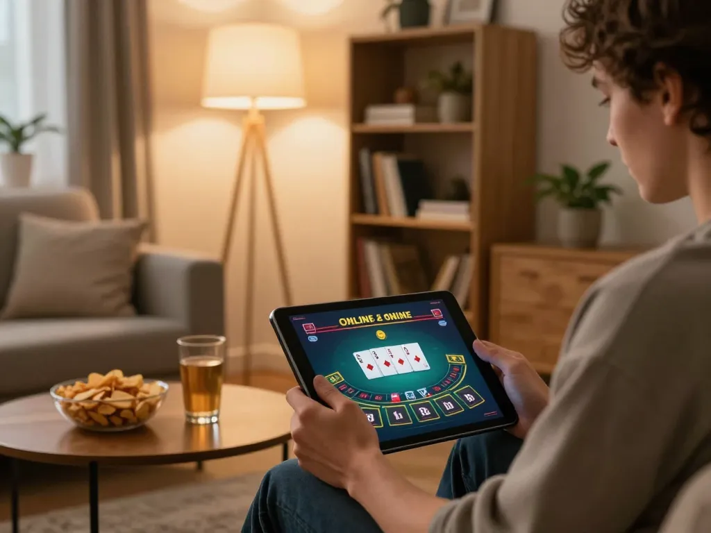 Engaged player using BCX88 tablet for blackjack, enjoying cozy home atmosphere with snacks.