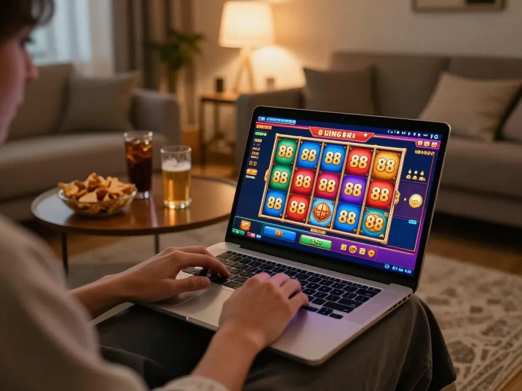 Engaging scene of a player enjoying slot 88 on a laptop in a cozy living room setup
