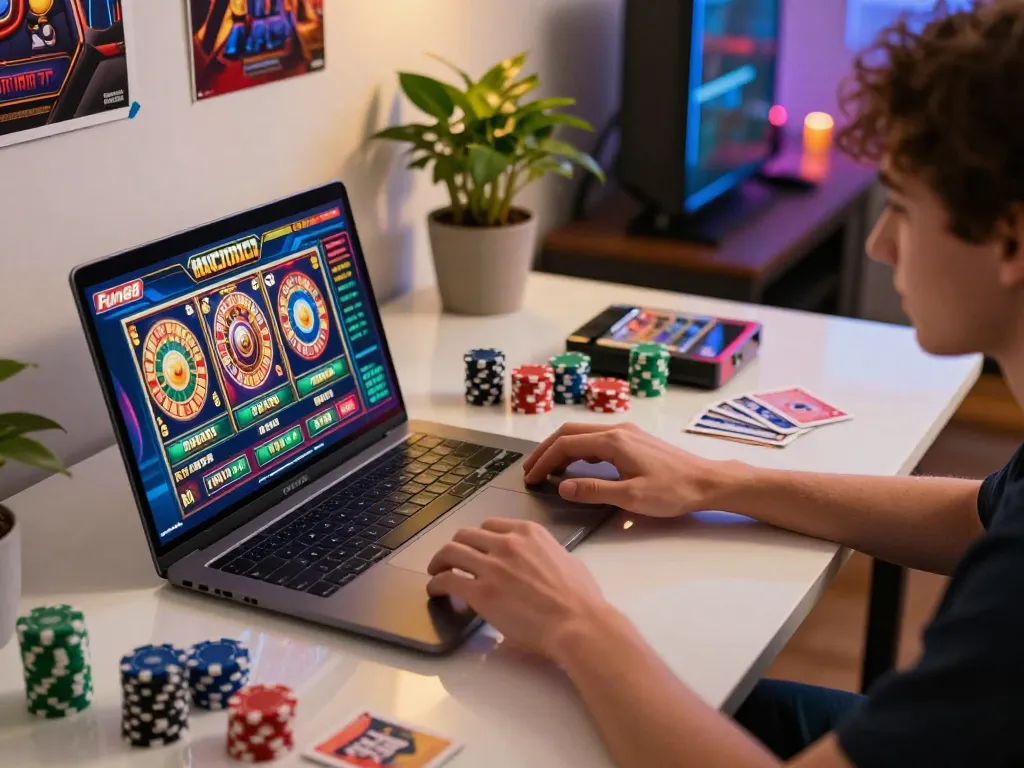 Enjoying gameplay on Fun88 casino platform with vibrant online gaming setup and modern laptop