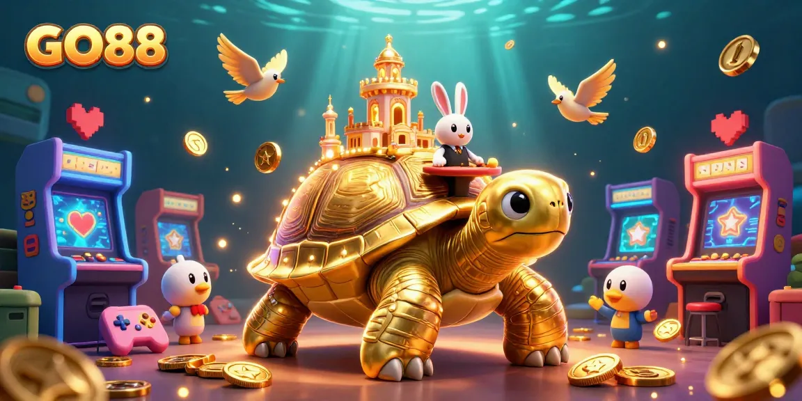 Gamble at GO88 with a giant tortoise casino and a rabbit dealer amidst arcade games and golden coins.