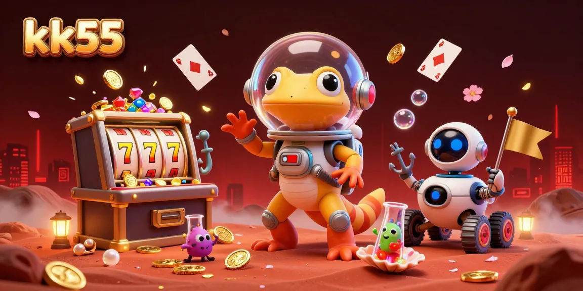 Engage with kk55 in a vibrant casino scene bursting with gold coins and game elements in the Martian landscape.