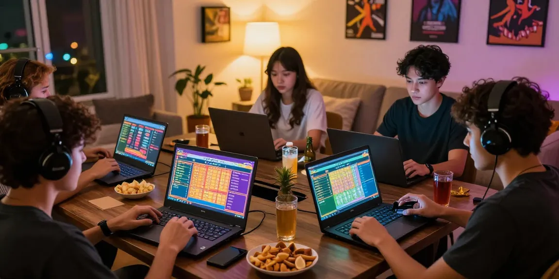 Friends enjoying togel online gameplay in a vibrant home setting with multiple gaming devices.