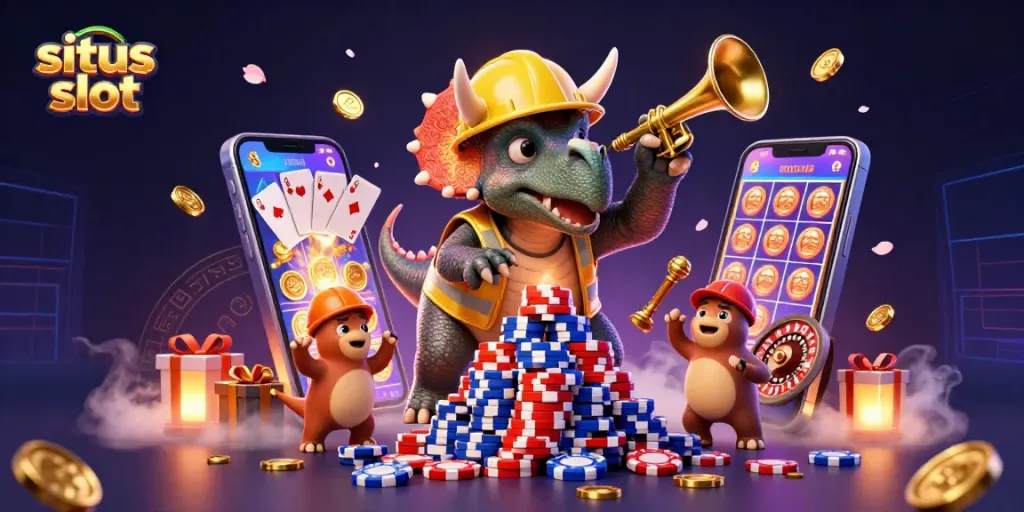Mainkan situs slot dengan karakter triceratops membangun tumpukan chip poker di latar yang meriah.