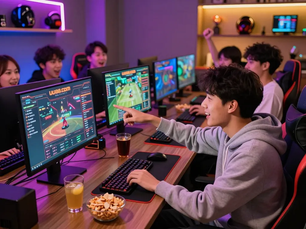 Excited friends enjoying online gaming at UU88.COM with multiple screens and neon lights.