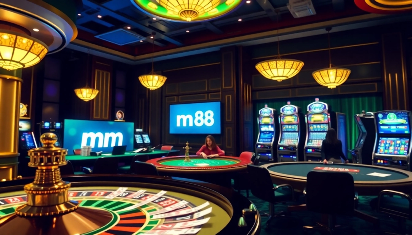 Immerse yourself in the luxurious casino experience at mm 88, showcasing vibrant roulette and poker games.