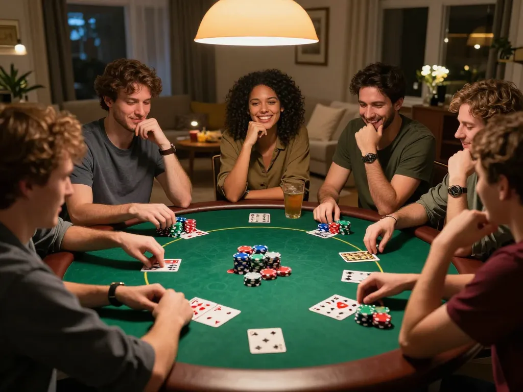 Friends enjoying a lively poker game night with F8BET-inspired strategies, surrounded by chips and cards.