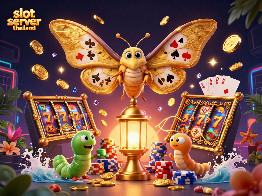 Win big with slot server thailand in a captivating casino scene featuring golden moths and vibrant game elements.