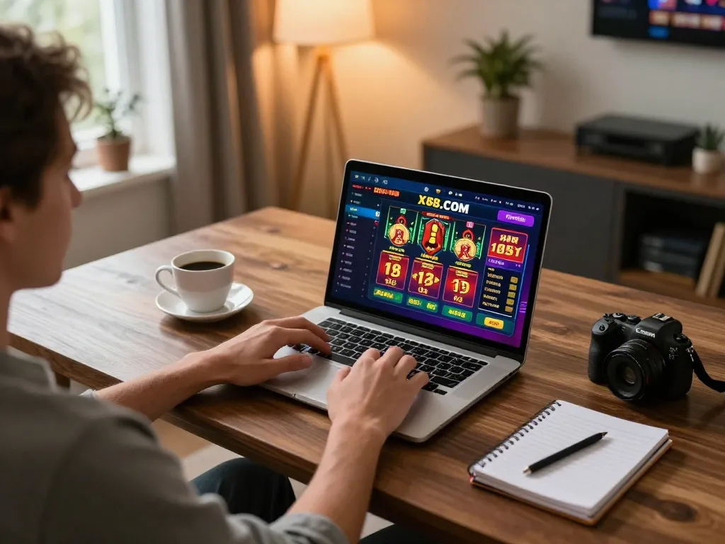 X88.COM user engaging in responsible online casino gaming from a stylish home desk