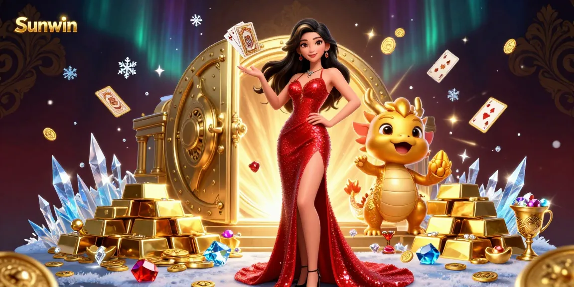 Experience thrilling gaming adventures with Sunwin and a stunning red sequin evening gown character.