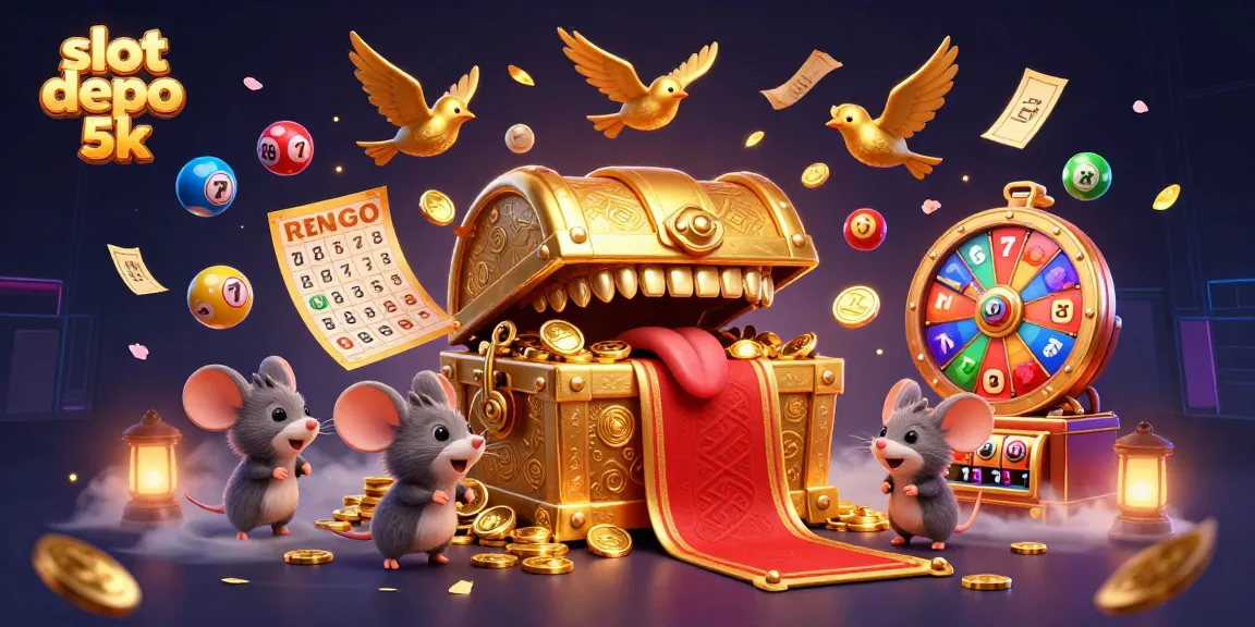 Engage with slot depo 5k in a vibrant casino illustration featuring dynamic game elements and treasures.