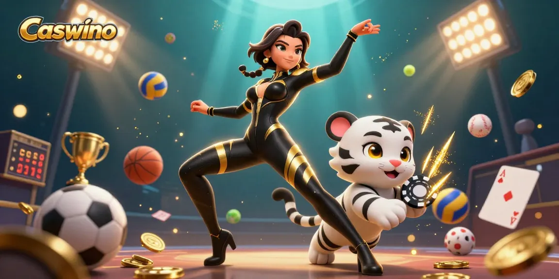 Play Caswino with a captivating scene featuring a vibrant woman in a black and gold catsuit and a cute white tiger.