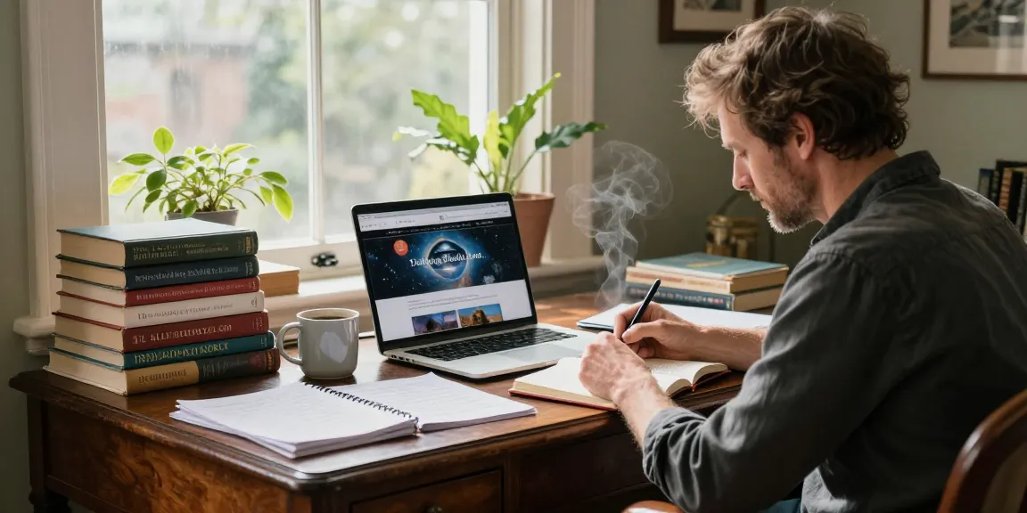 T. Allen Greenfield writing in his cozy home office, showcasing his website https://tallengreenfield.com surrounded by books on spirituality.