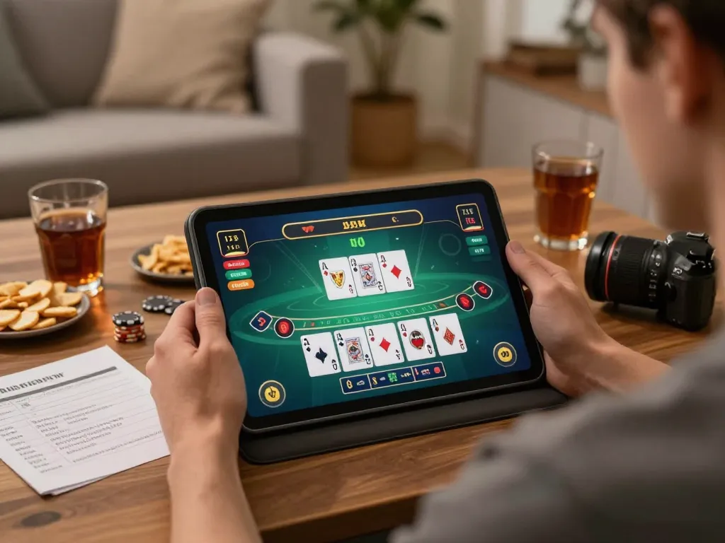 Player enjoying online gaming on sc88.charity in a cozy home setting with blackjack interface.