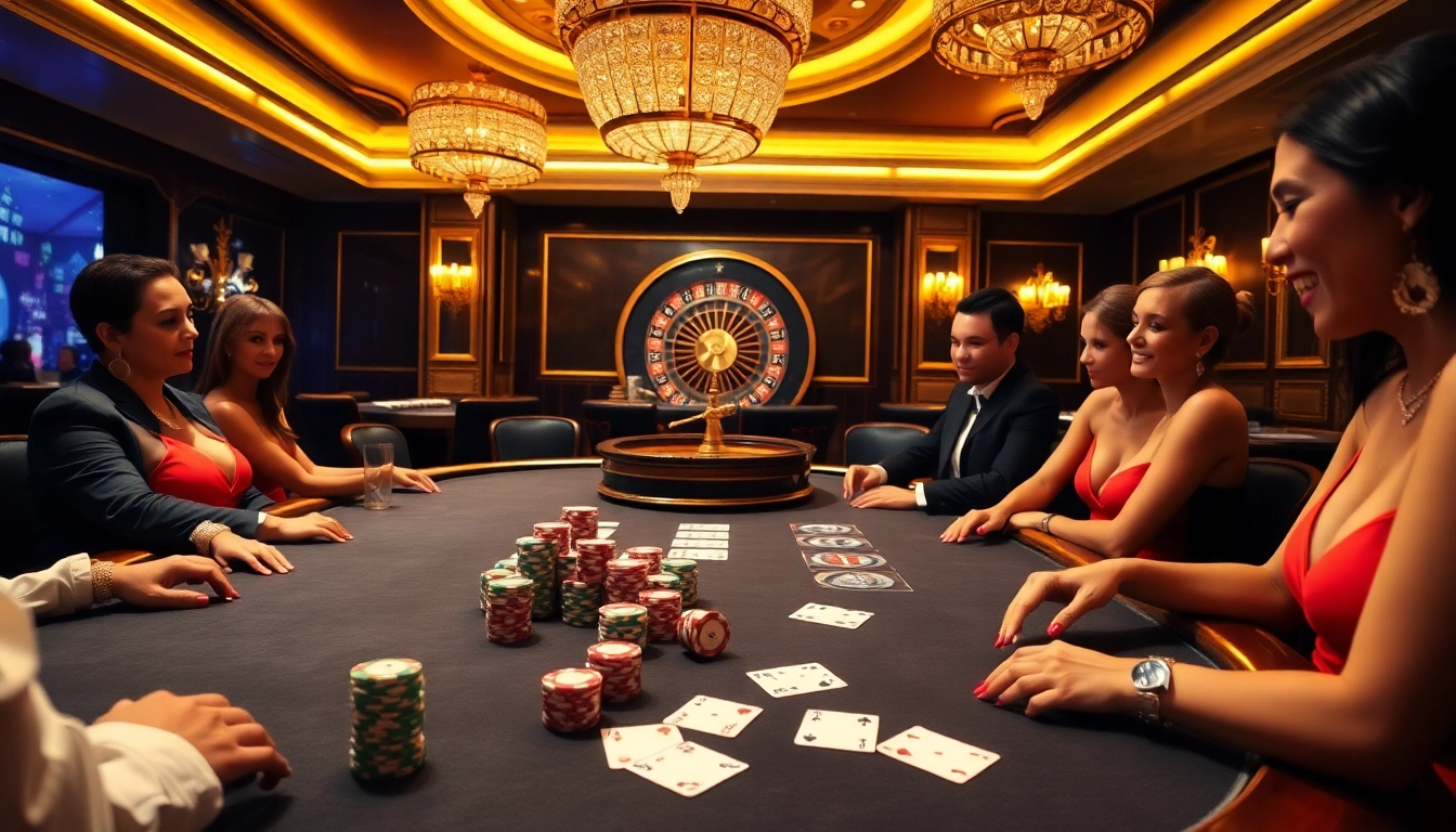 Players enjoy an exhilarating game at 68win's luxurious poker table, showcasing colorful chips and cards.
