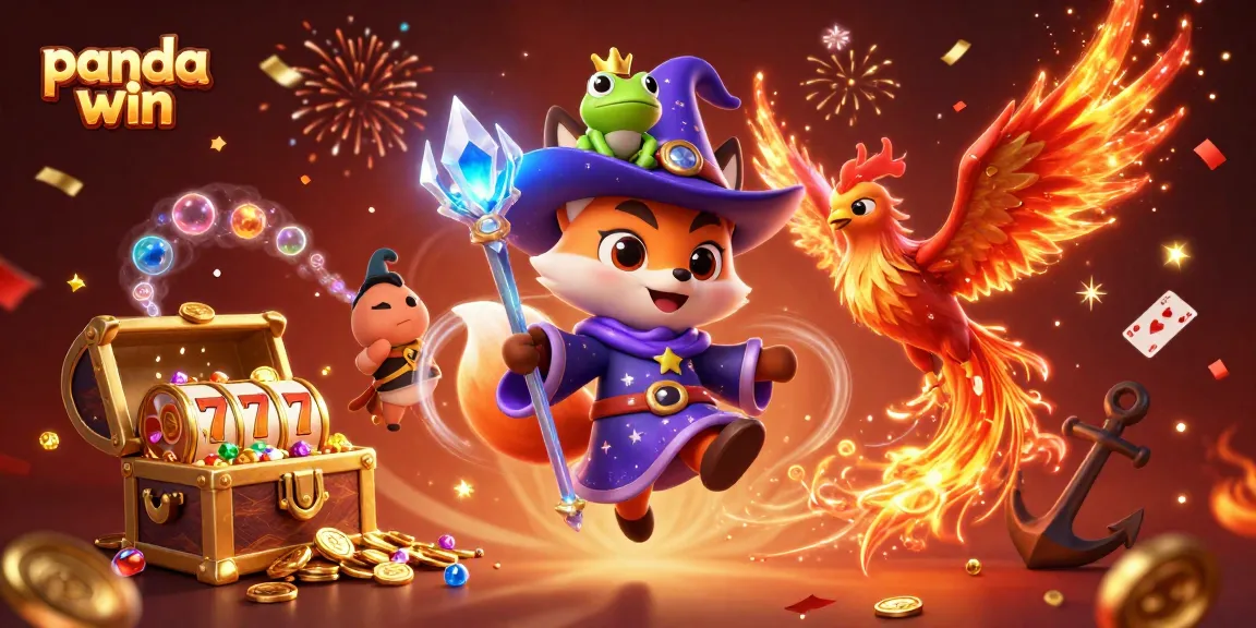 Panda win menampilkan adegan permainan slot yang cerah dengan seorang penyihir, phoenix, dan elemen harta karun.