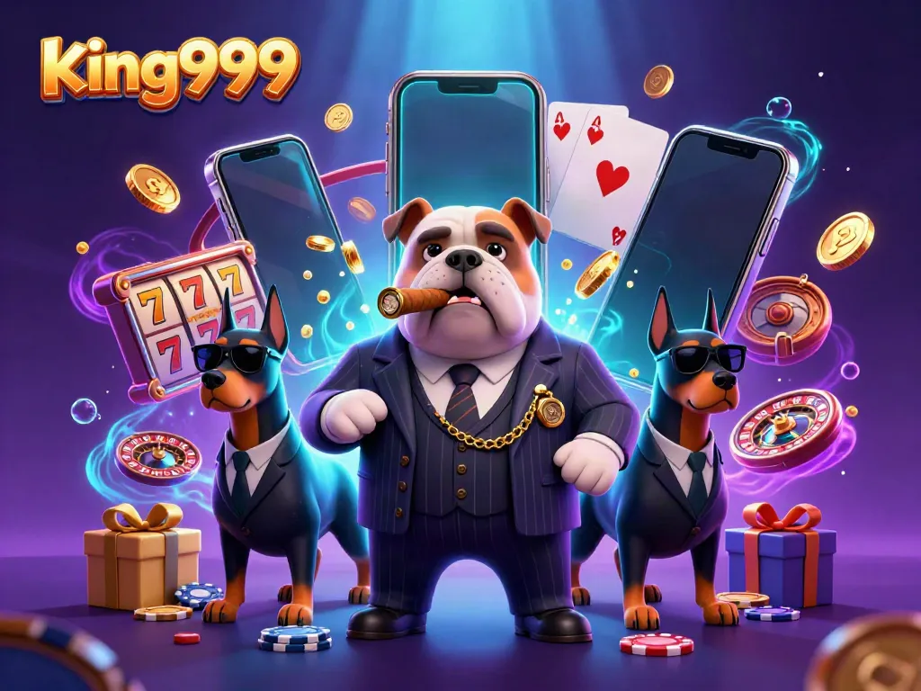 King999 menampilkan bos mafia bulldog di kasino dengan permainan slot dan elemen menarik lainnya.