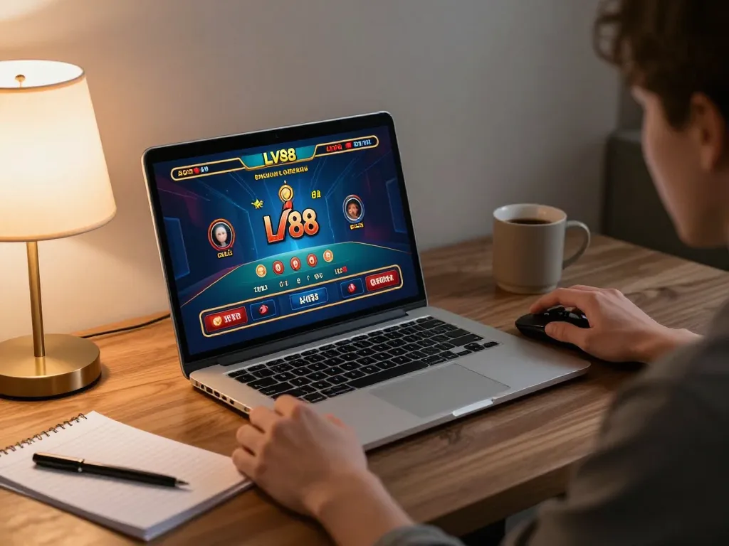 Player engaging with LV88 online casino game on laptop in a cozy home setup.