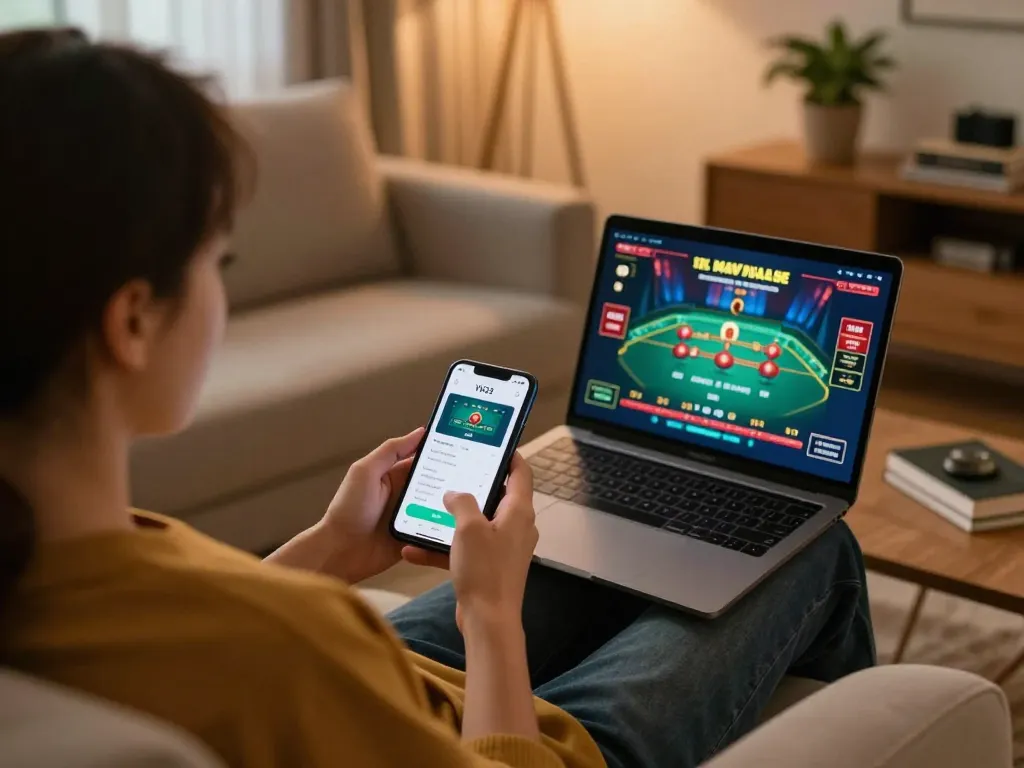 Engaging in online gameplay on VN23 mobile app, showcasing strategic gaming in a cozy home setting.
