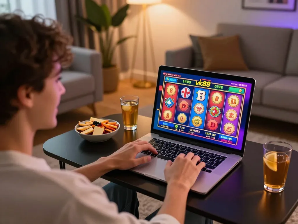 Engaging in thrilling online slots with vk88 on a cozy home setup, showcasing responsible gambling.