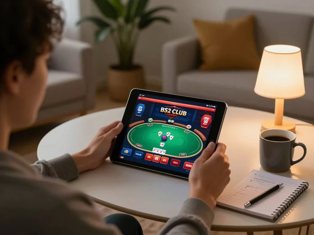 Engaging in online poker while tải b52 club on a tablet, showcasing cozy home setting for gaming.